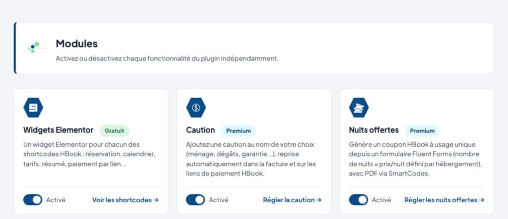 Réglages du plugin Bon Cadeau HBook : modules Widgets Elementor, Caution et Nuits offertes